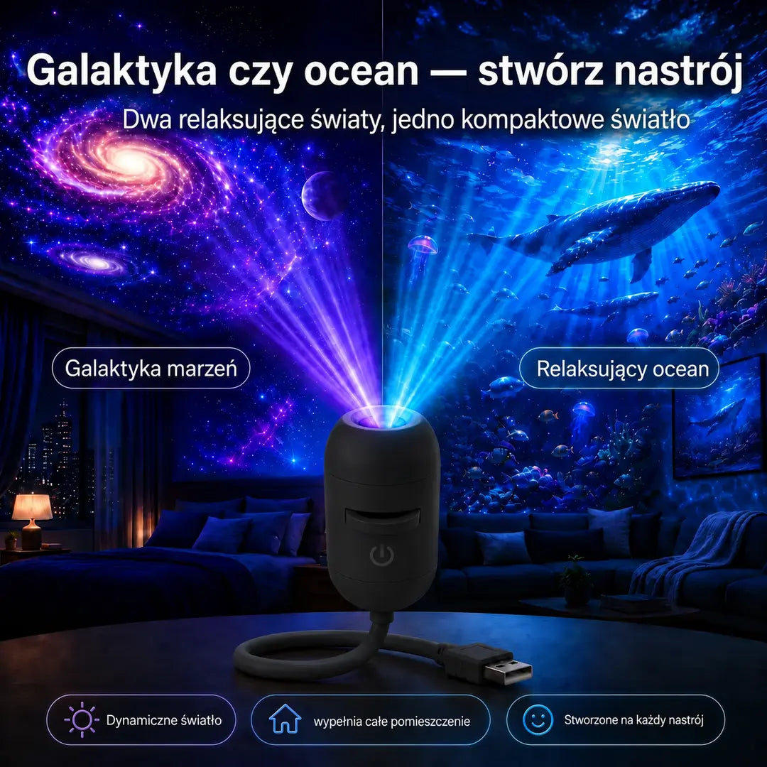 HAJUEI® 🔊 Inteligentny holograficzny projektor nocny 5D HD ✨ Dynamiczna projekcja galaktyk i nastrojowe światło, które tworzy magiczną atmosferę w Twoim domu 💎