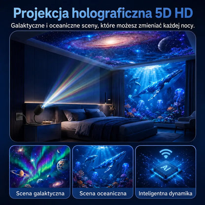 HAJUEI® 🔊 Inteligentny holograficzny projektor nocny 5D HD ✨ Dynamiczna projekcja galaktyk i nastrojowe światło, które tworzy magiczną atmosferę w Twoim domu 💎