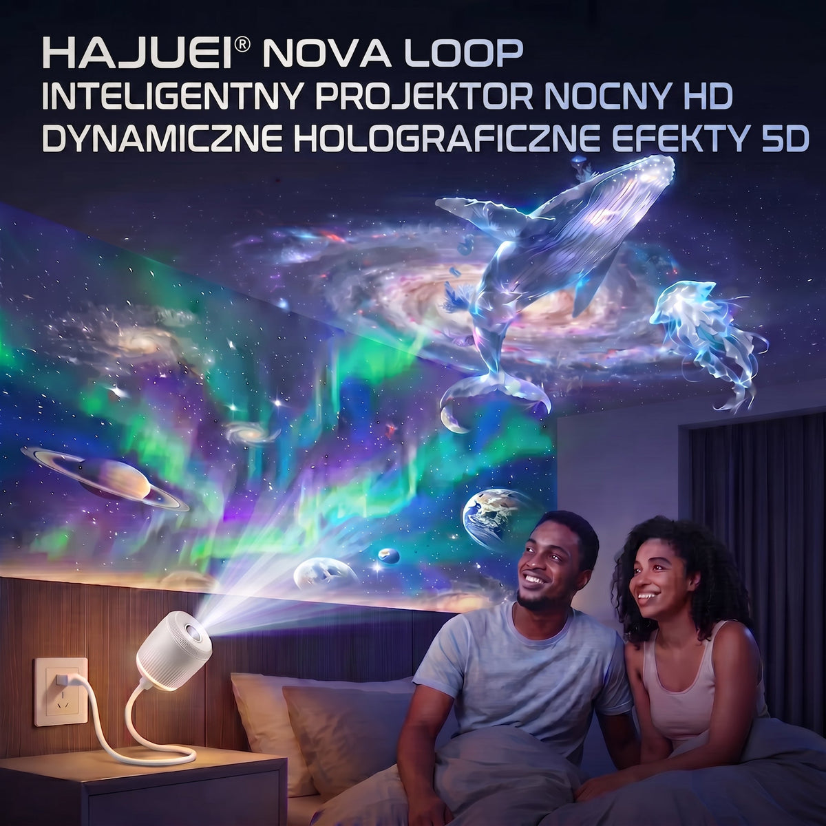HAJUEI® 🔊 Inteligentny holograficzny projektor nocny 5D HD ✨ Dynamiczna projekcja galaktyk i nastrojowe światło, które tworzy magiczną atmosferę w Twoim domu 💎